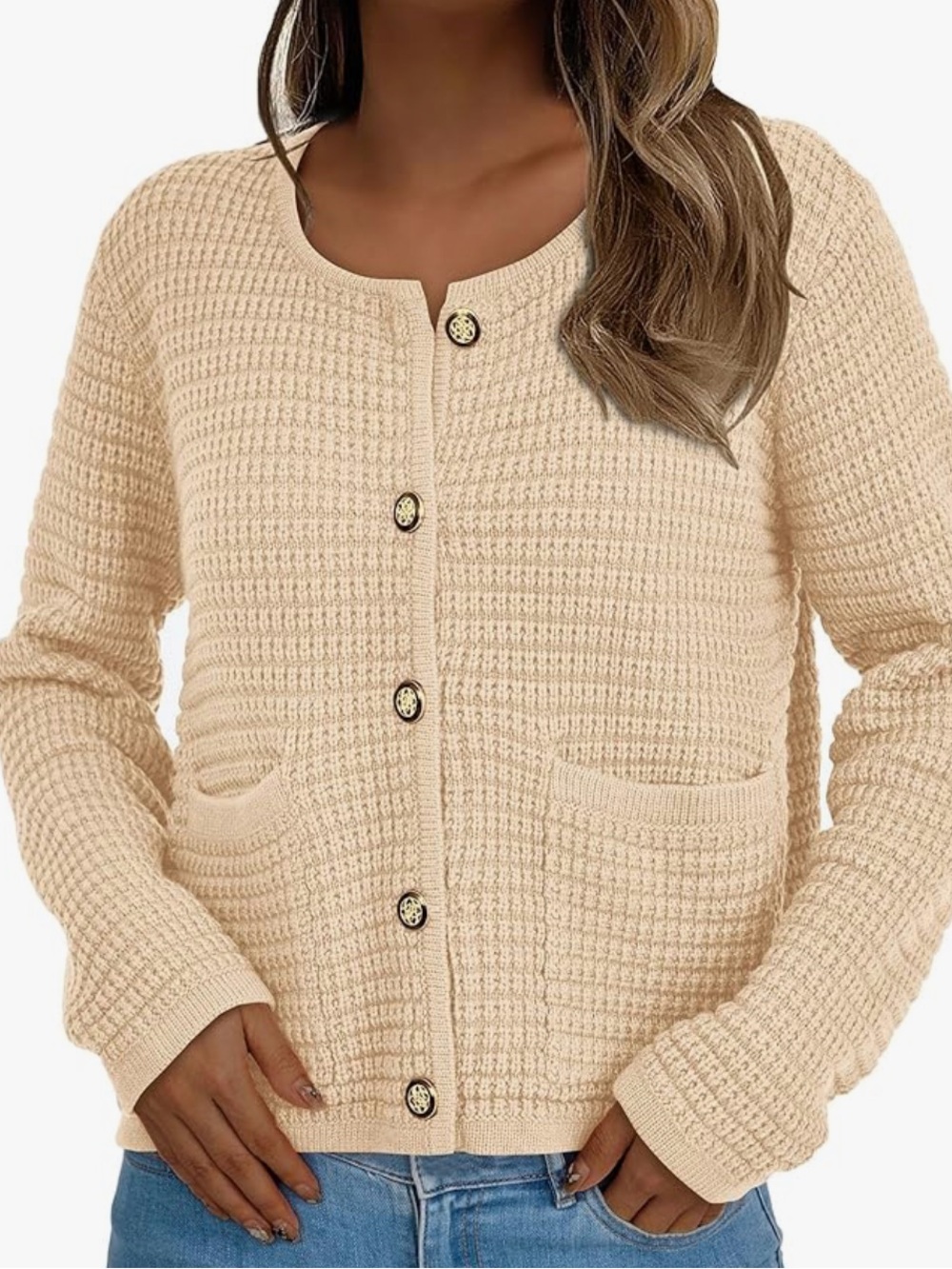 PrettyGarden Beige Button-Front Waffle Knit Cardigan Sweater Medium NWT